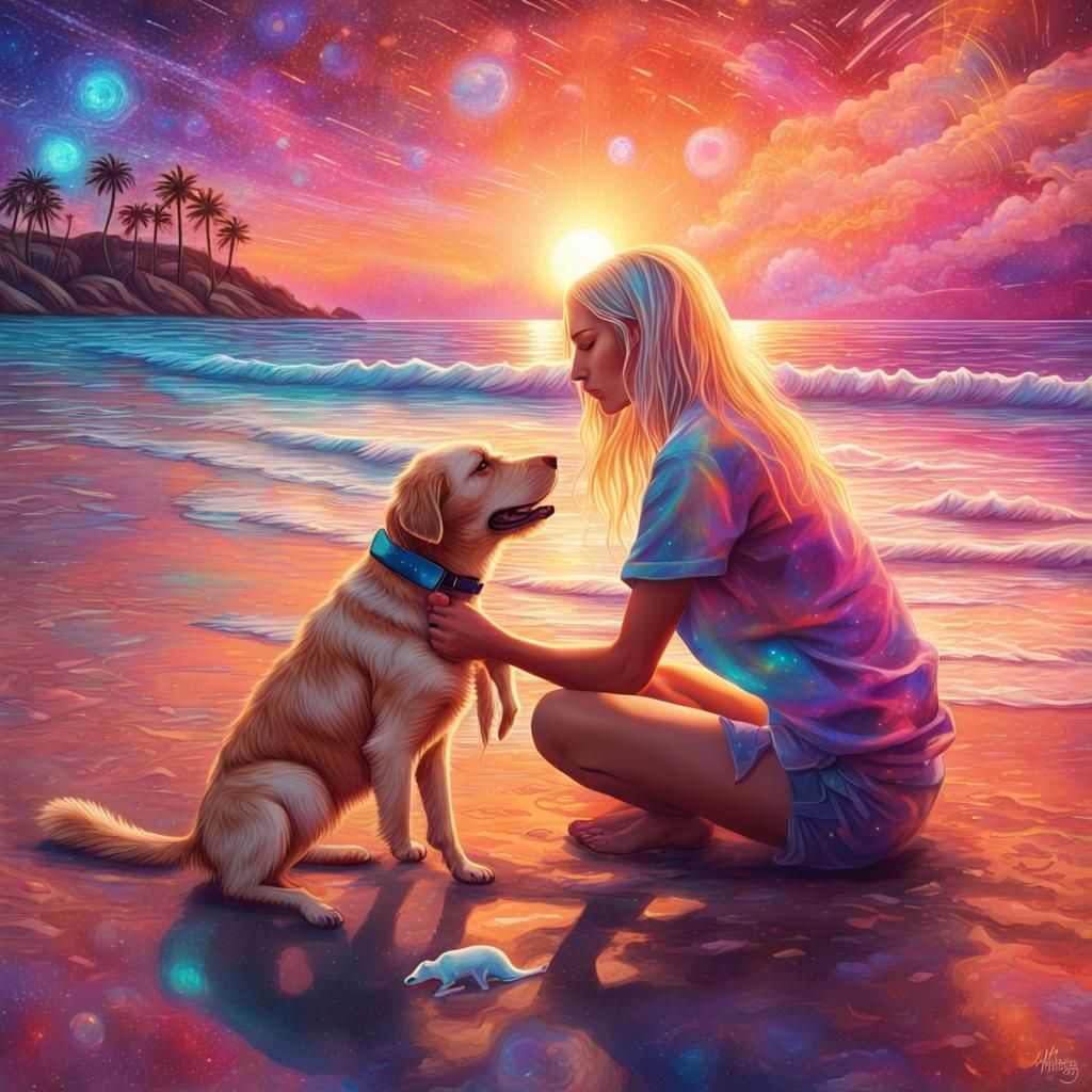 Girl and Dog Share Sunset Drink, Astral Illustration
