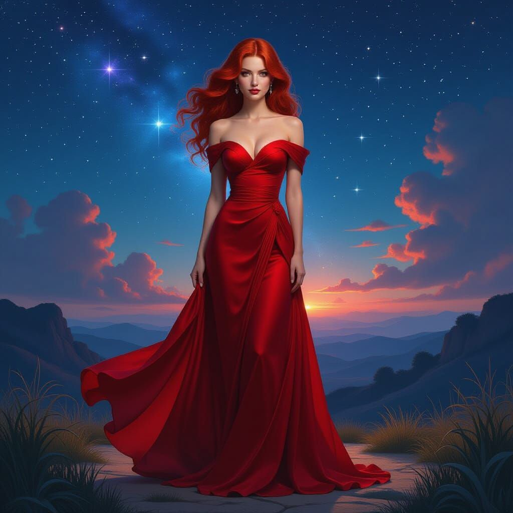 Stunning Woman in Crimson Gown Under Starlit Sky