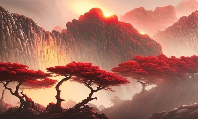 Monster Tree Portrait in Hellish Mountains as Oil Painting