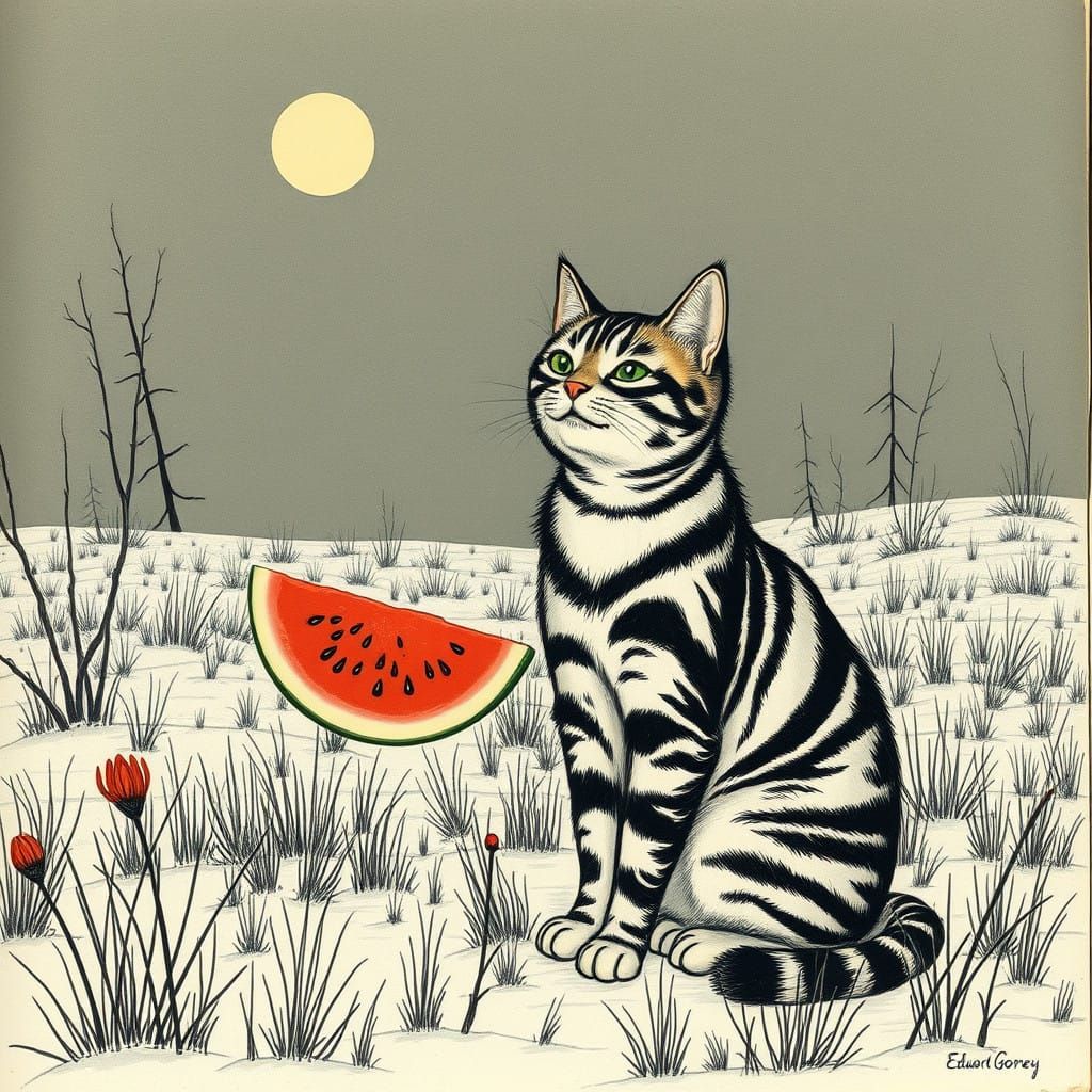 Gorey-Style Cat Eats Watermelon in Snowy Field