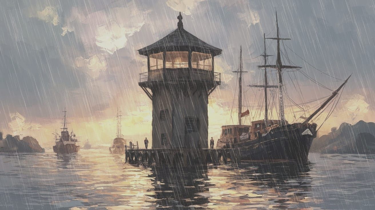 Expressive Impasto Painting of a Watchtower in Heavy Rain