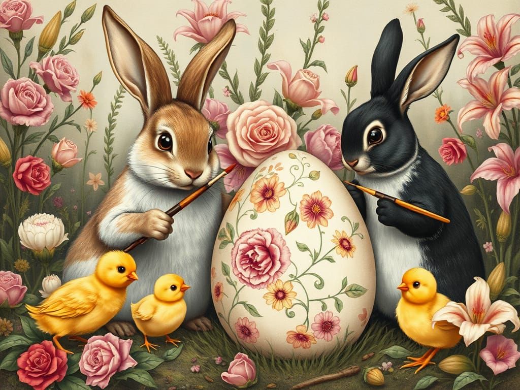 Whimsical Bunnies Painting Easter Eggs, Vintage Charcoal Dra...