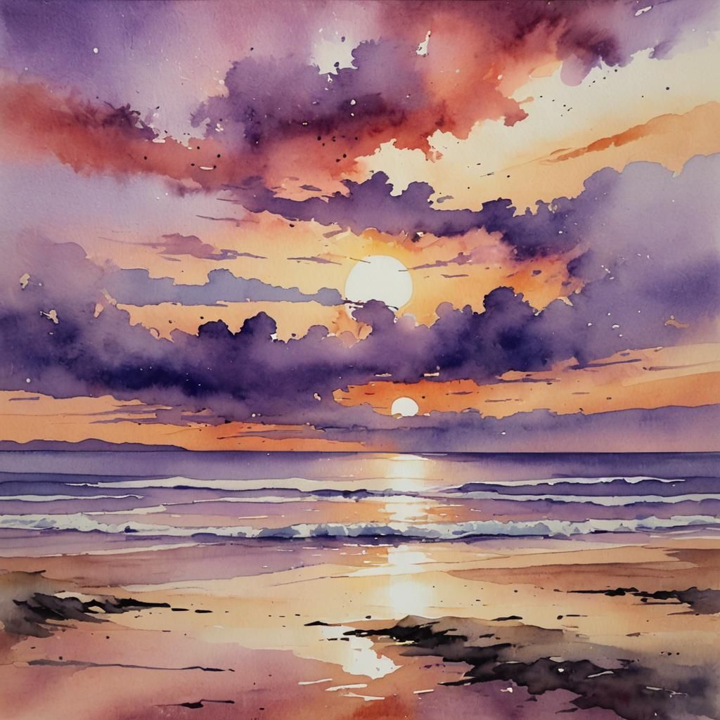 Watercolor Beach Sunset with Purple Clouds