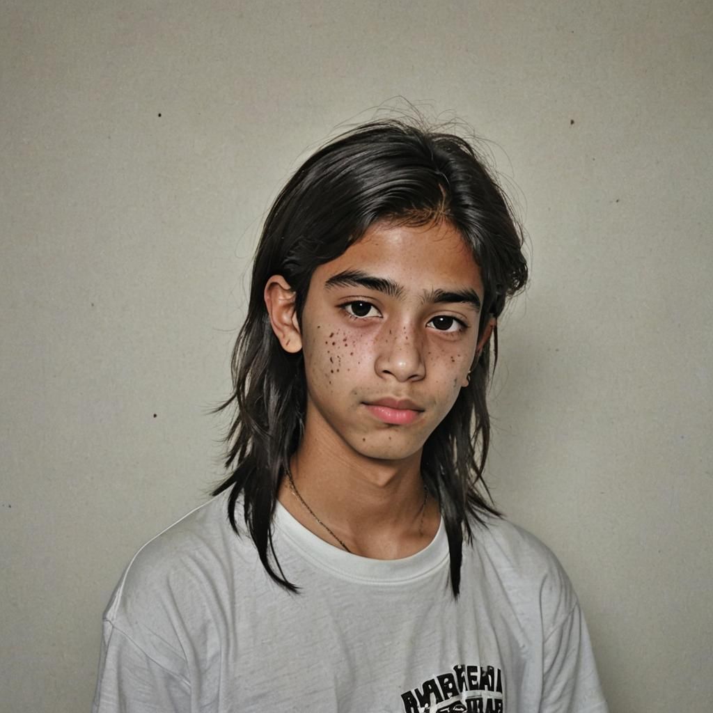 "Um adolescente de 16 anos com cabelo estilo emo cobrindo pa...