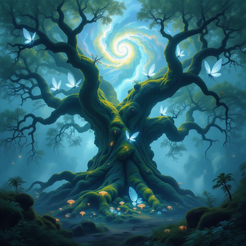 Ancient Tree Under Nebula Sky in Fantasy Art Style