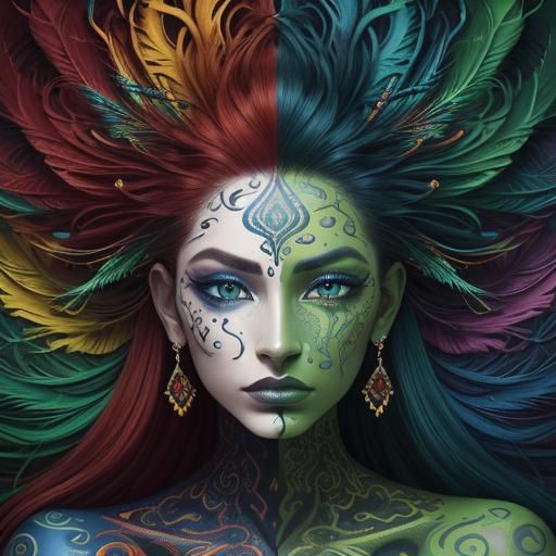 Abstract Expressionist Portrait: Dragon Woman with Peacock F...