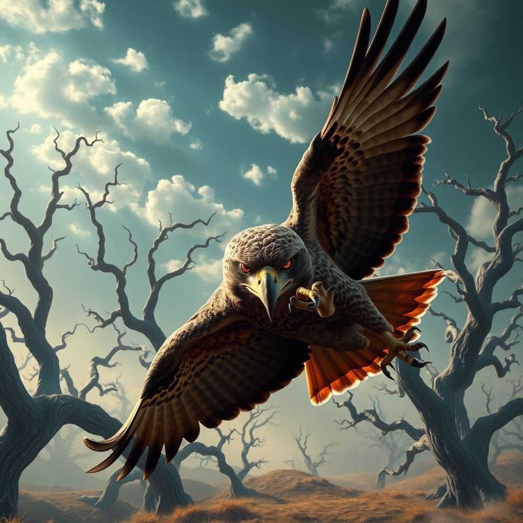 Fierce Hawk in Mid-Air, Attacking with Intense Gaze