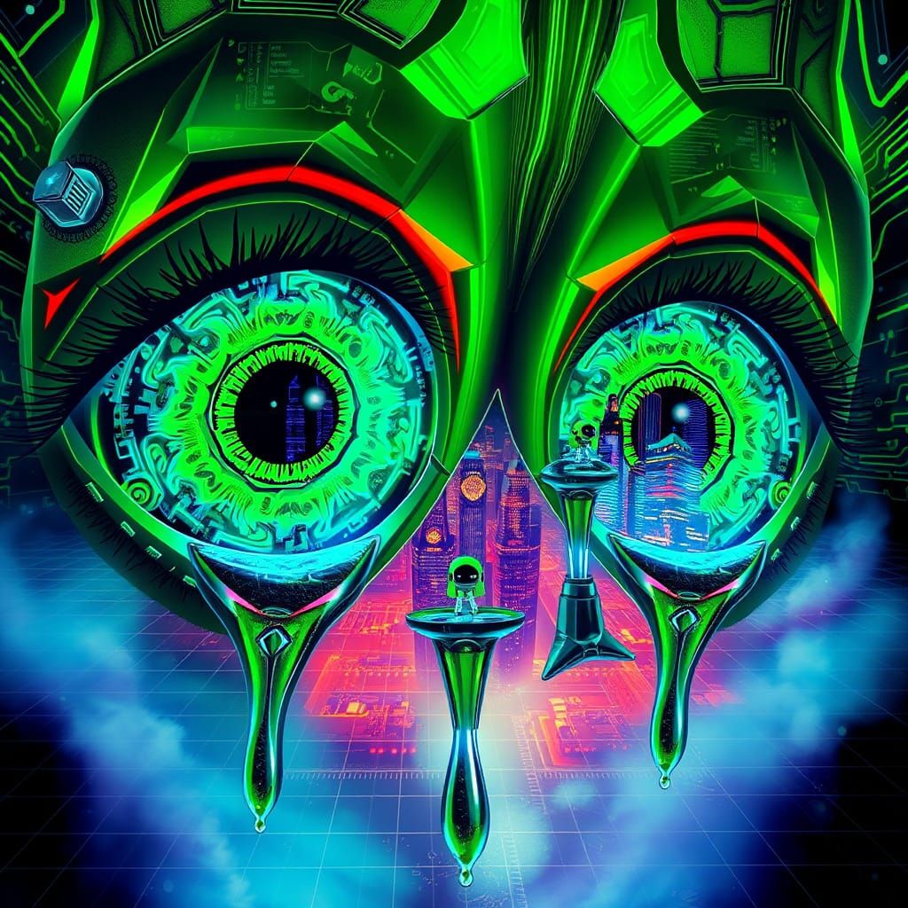 Glowing Geometric Eyes in a Cyberpunk Cityscape