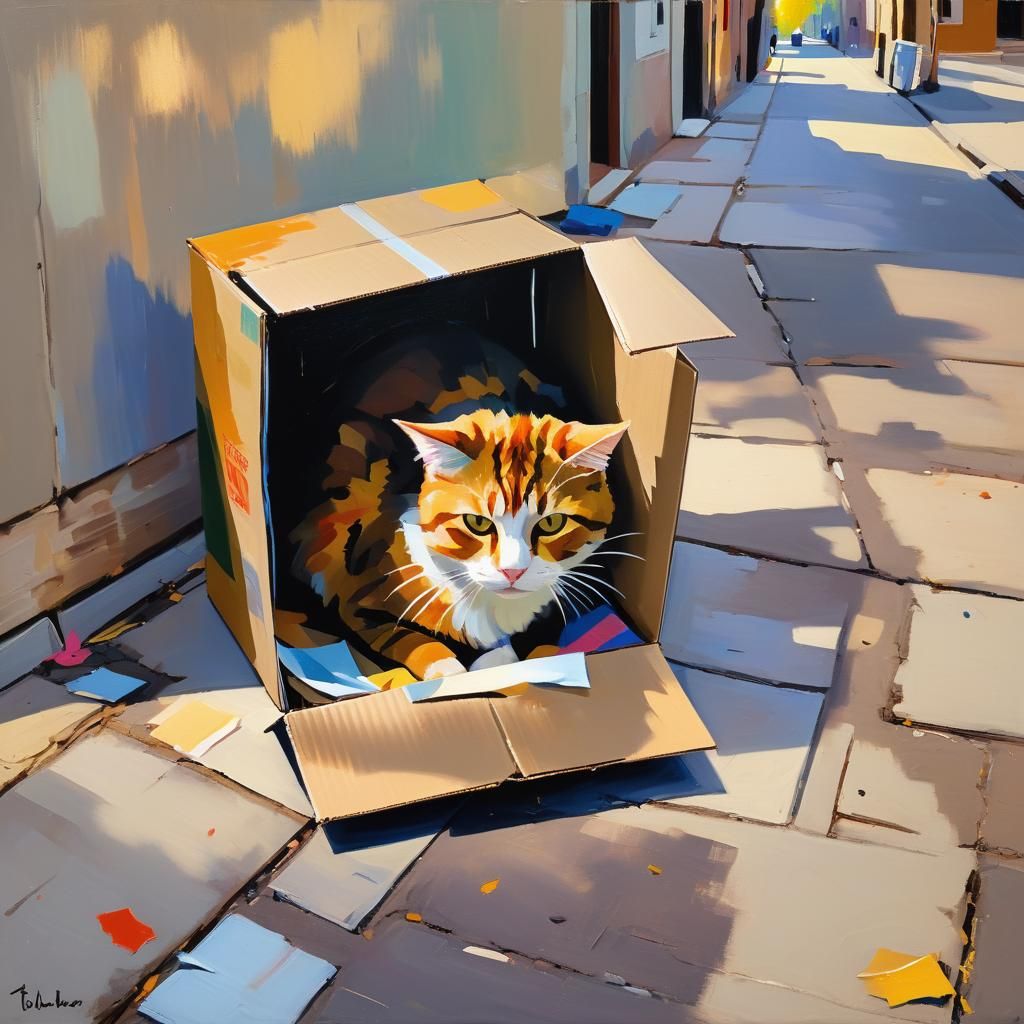 Sad Cat in Box: Impressionist Oil Painting