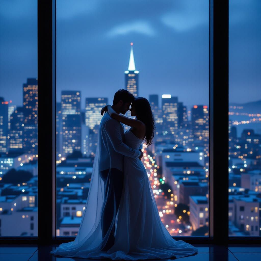 Silhouetted Couple Embrace in San Francisco Night