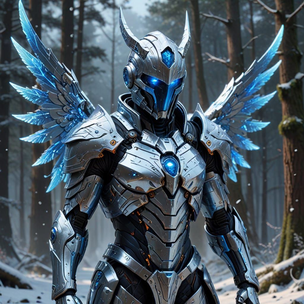Regal Silver Knight Soars Through Futuristic Blizzard