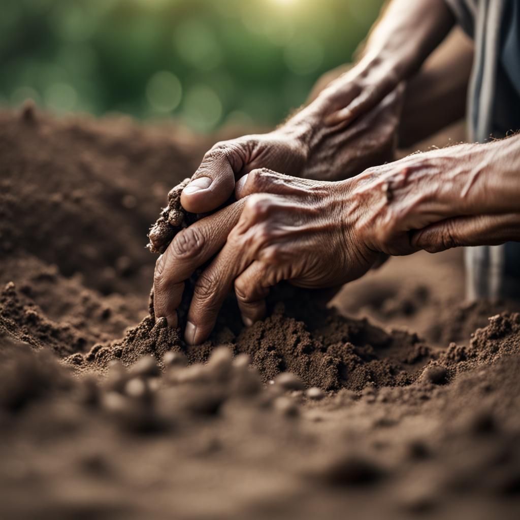 realistic HD photo of the hands of a starving man digging in the dirt