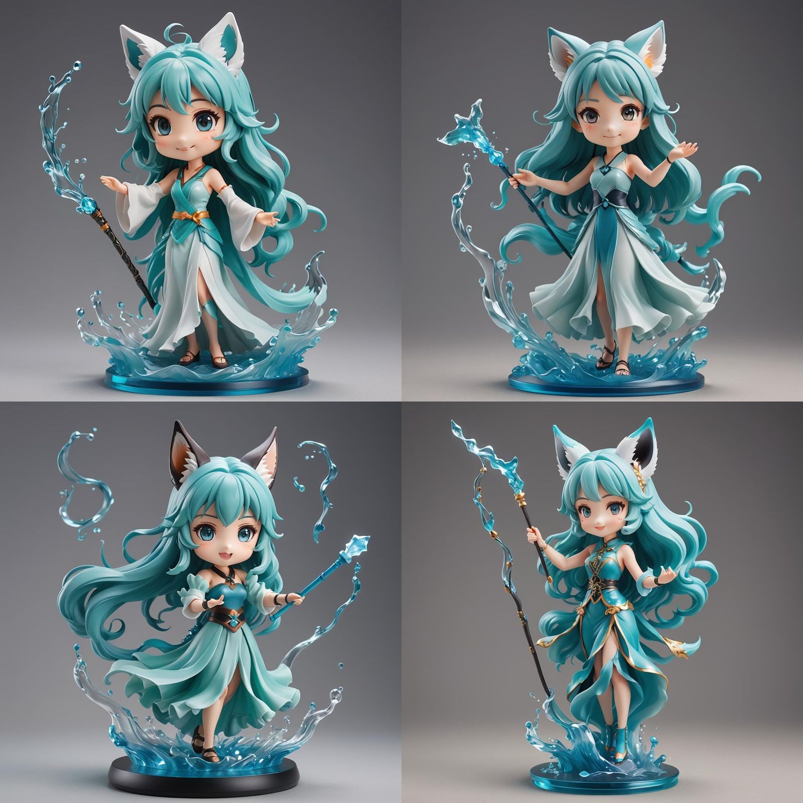 nendoroid of a cheerful anime cyan-haired idol girl with fox ears, long hair, flowing dress
