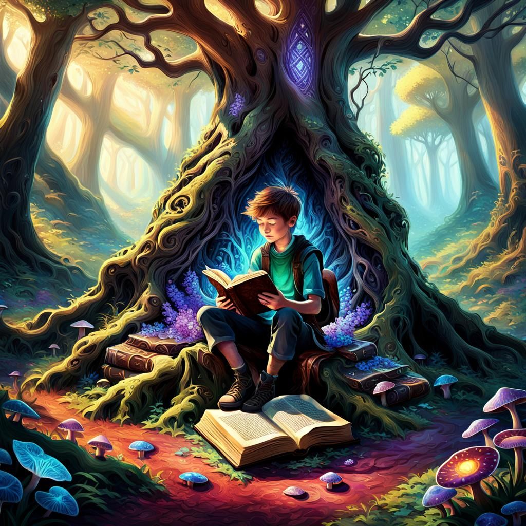 Boy Reading Book in Mystical Celtic Forest