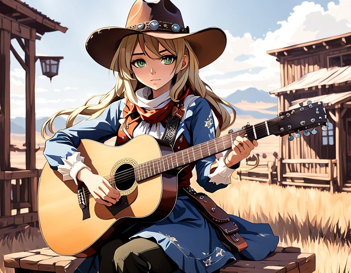 Anime Cowgirl Plays Acoustic Guitar in Western Style