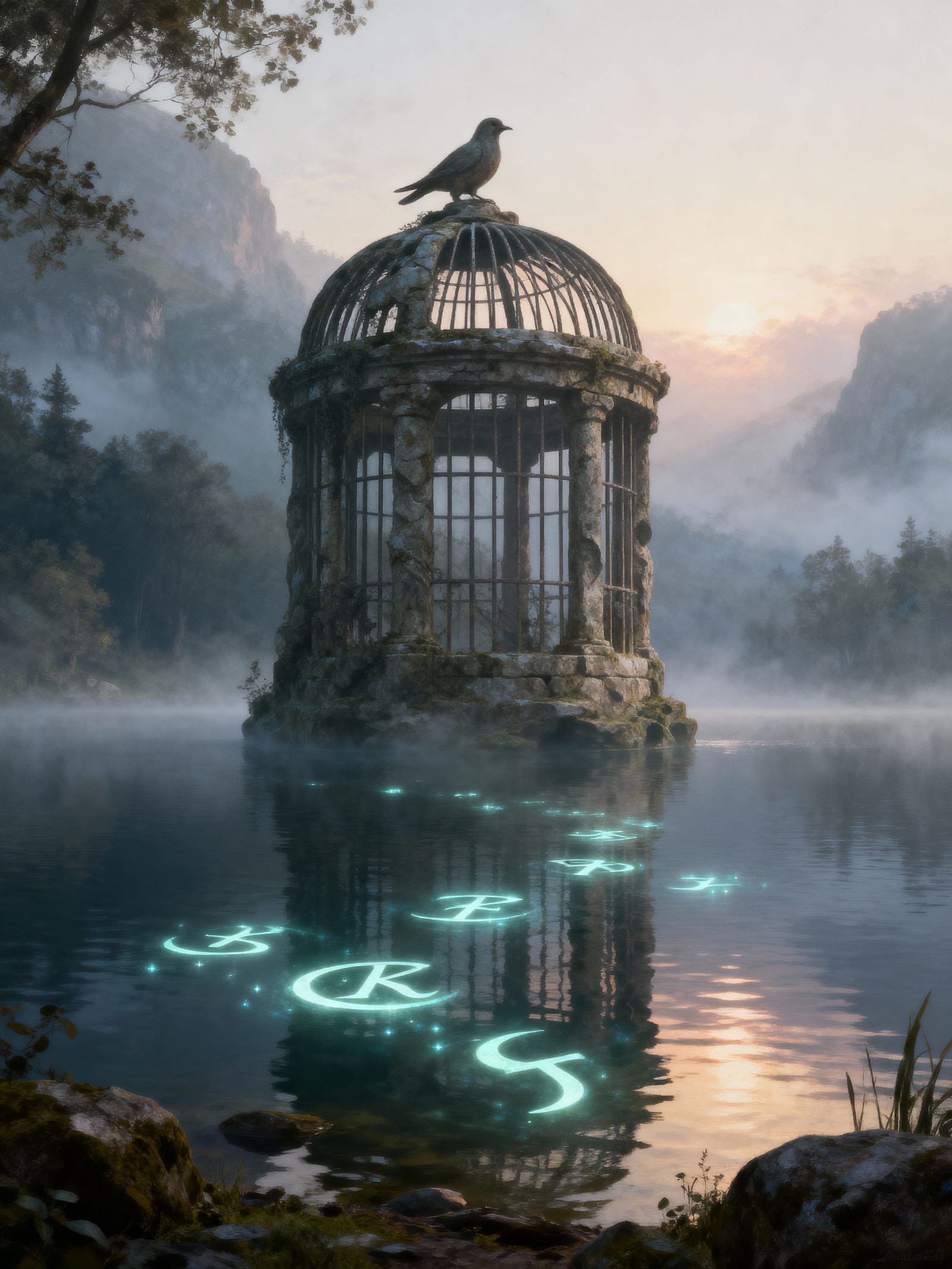 Ancient Stone Birdcage in Misty Lake at Dawn