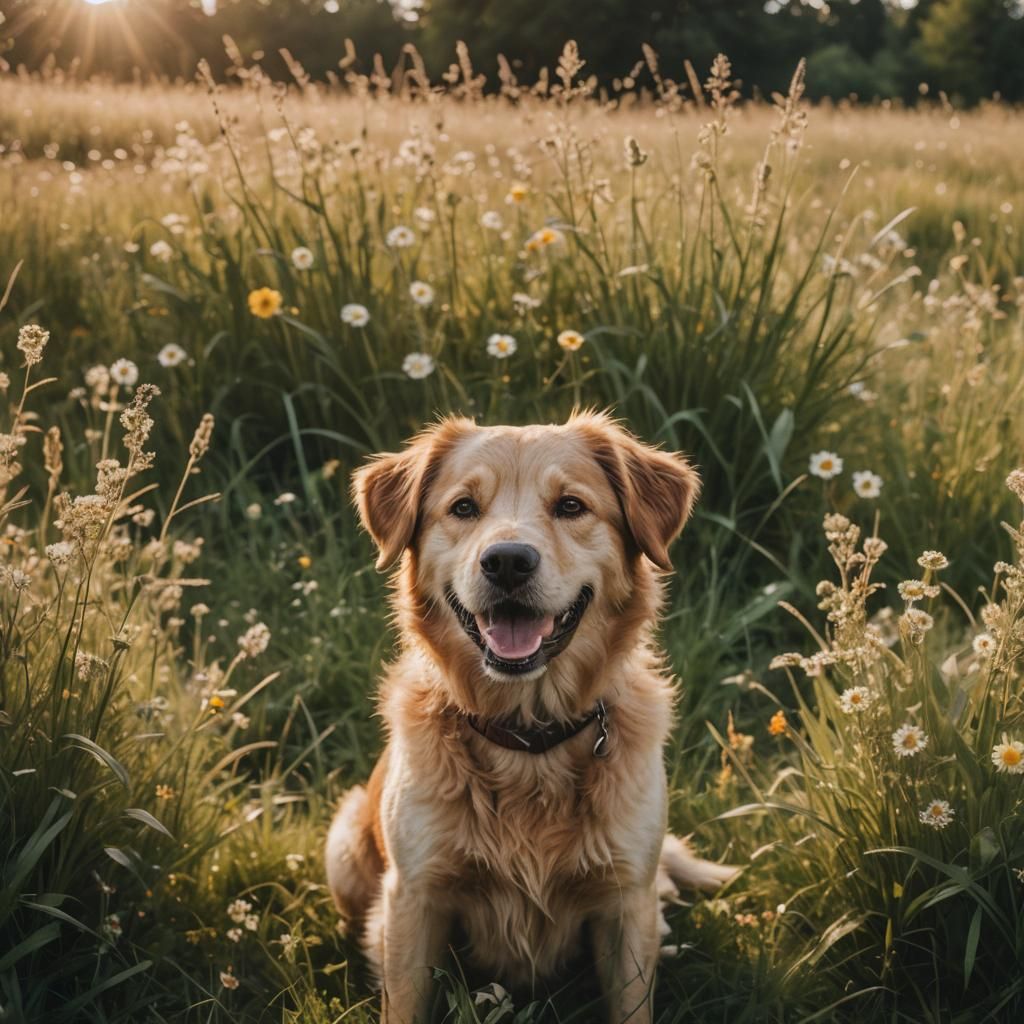 Happy Dog in Meadow: Analog Photography Style