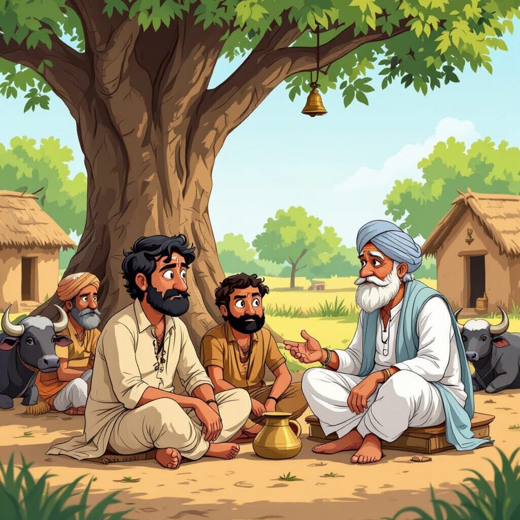 Indian Farmers Gather Under Banyan Tree in Cartoon Style