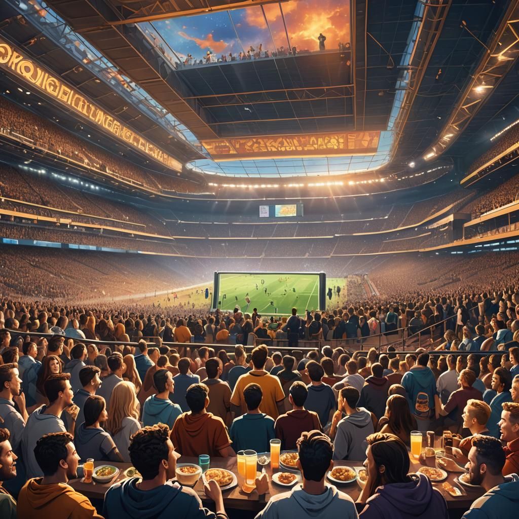 Friends at Football Match: Matte Painting in Vibrant Stadium