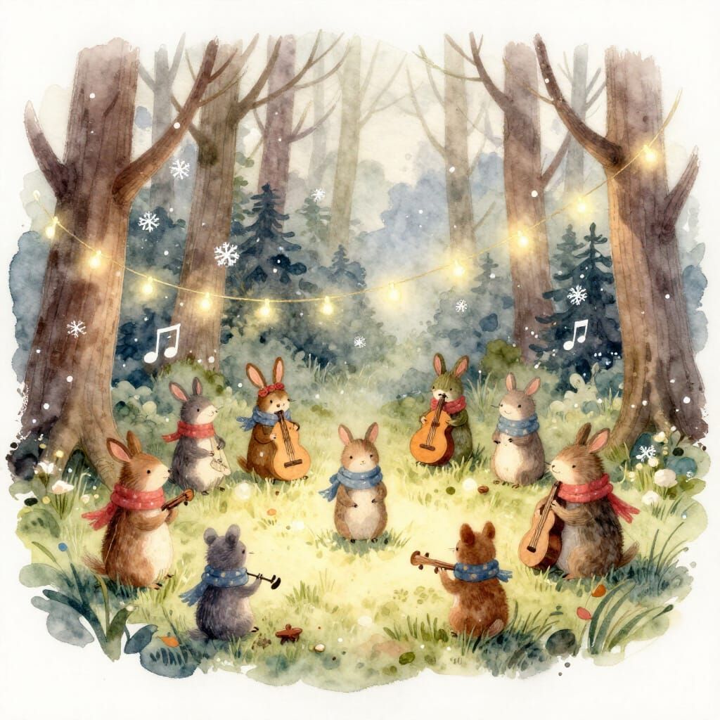 Whimsical Animals Play Music in Snowy Woodland Clearing