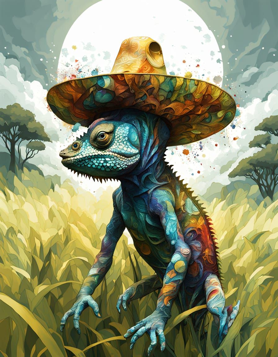 Chameleon in Sombrero with Nouveau Art Floral Patterns