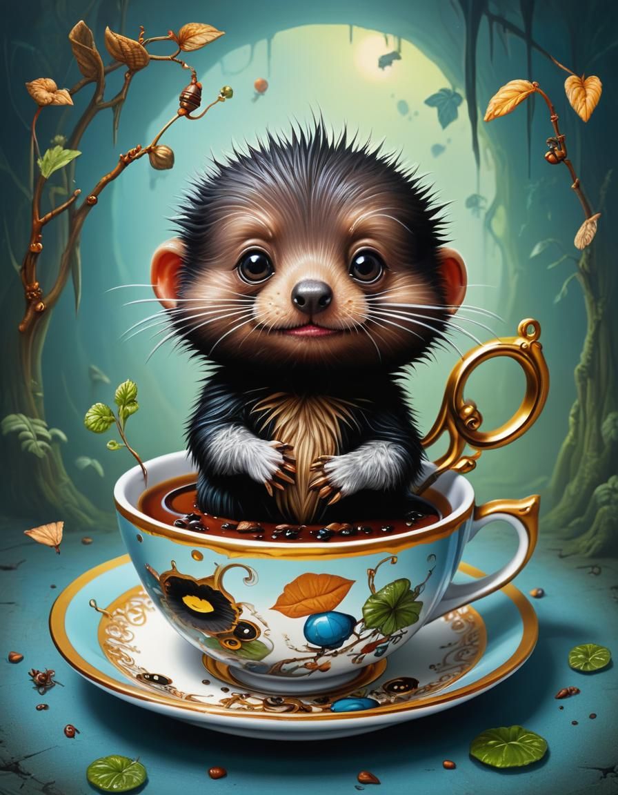 Chibi Mole in Teacup: Pop Surrealist Painting