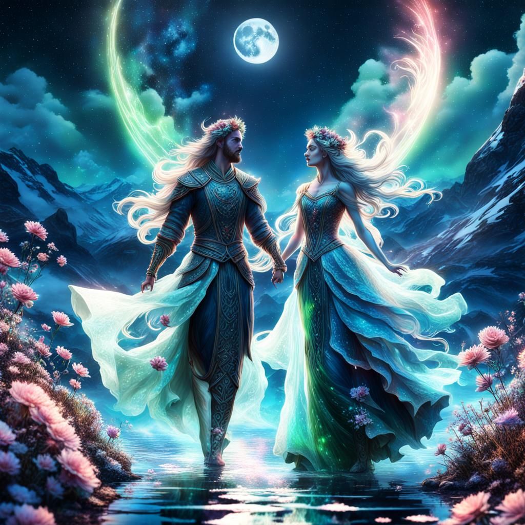 Romantic Couple Under Aurora Borealis in Fantasy Art