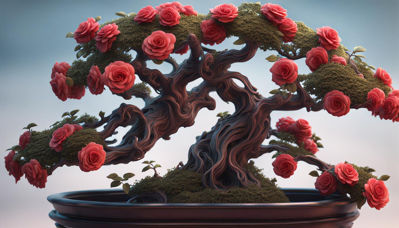 Metal Rose Bonsai Sculpture in Detailed Matte Painting