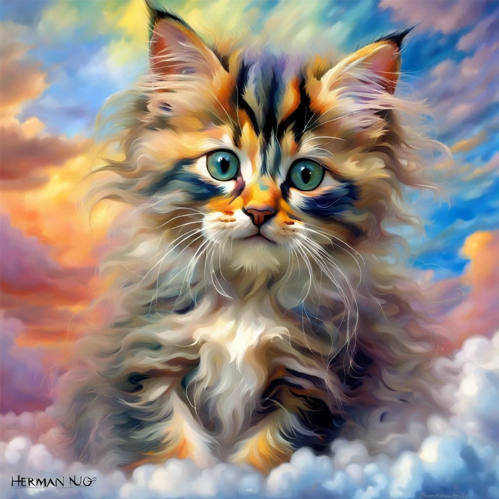Colorful Kitten in Clouds: Impressionist Style