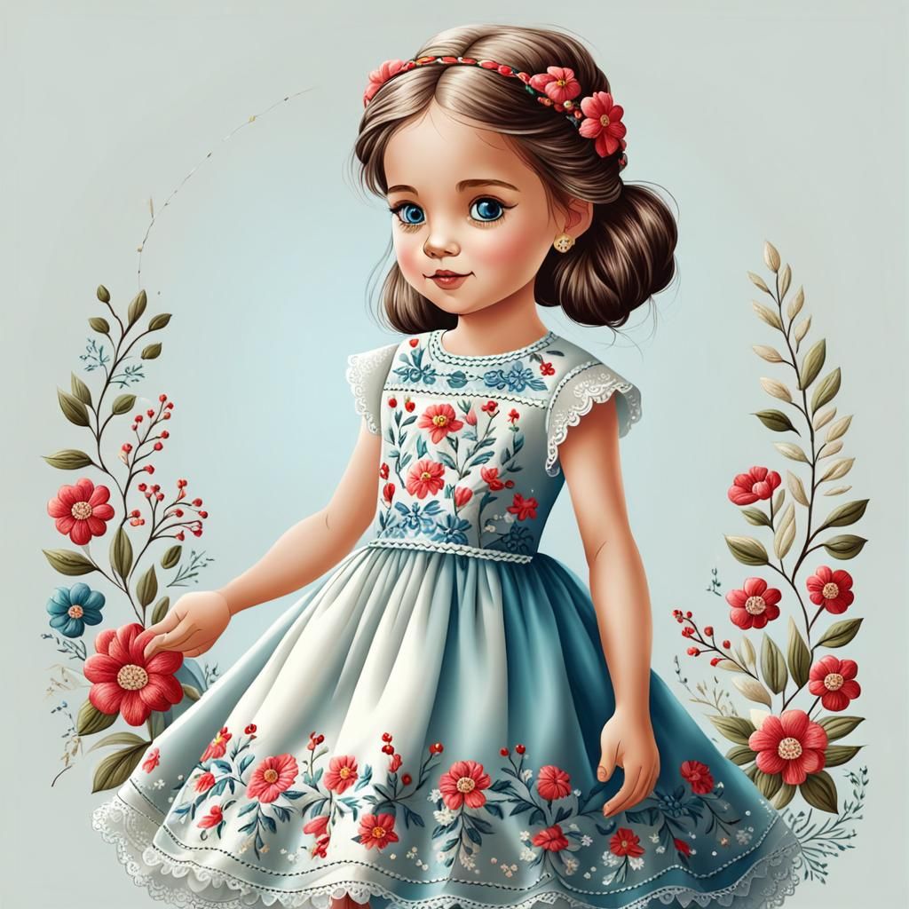 Illustration of a Cute Little Girl in Embroidered Dress