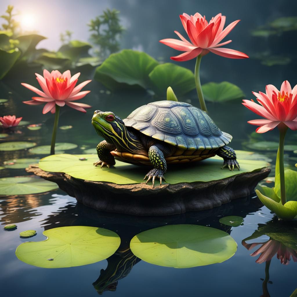 Red-Eared Slider Turtle in Detailed Matte Painting