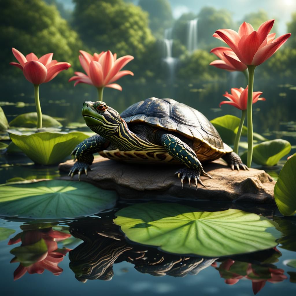 Red-Eared Slider Turtle in Pond: Fantasy Art