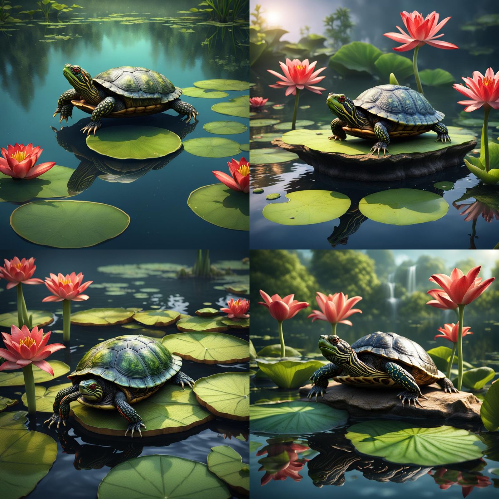 Red-Eared Slider Turtle on Lily Pad: Detailed Matte Painting