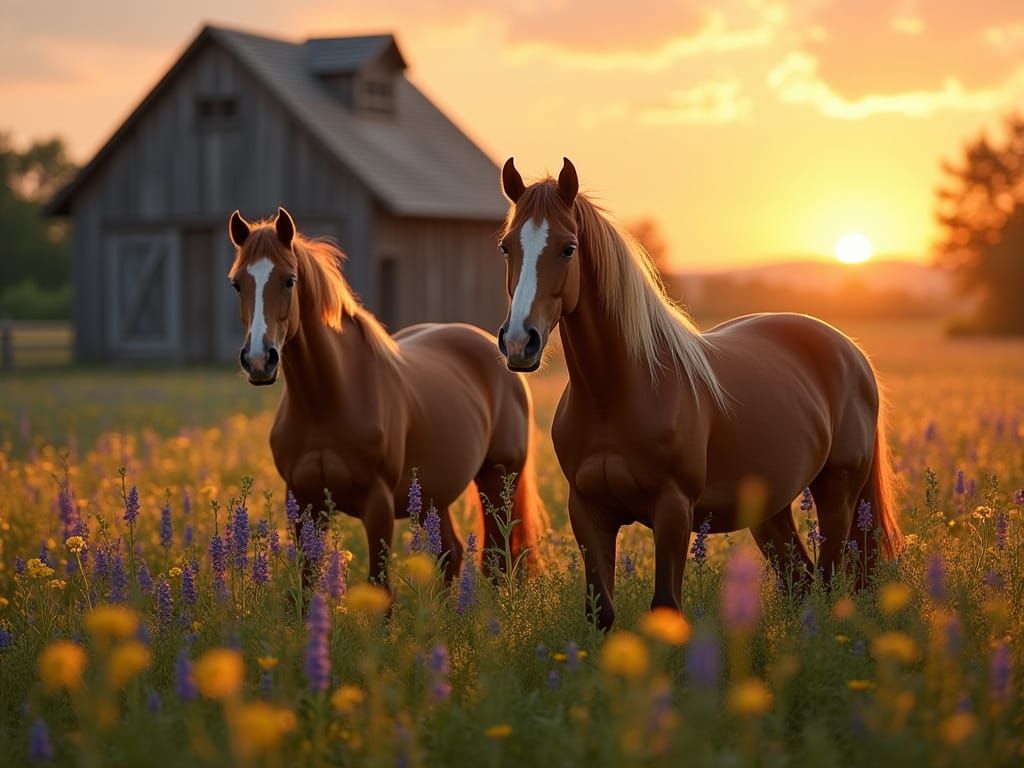 photorealistic sunset, two horses,  one brown, one brown wit...