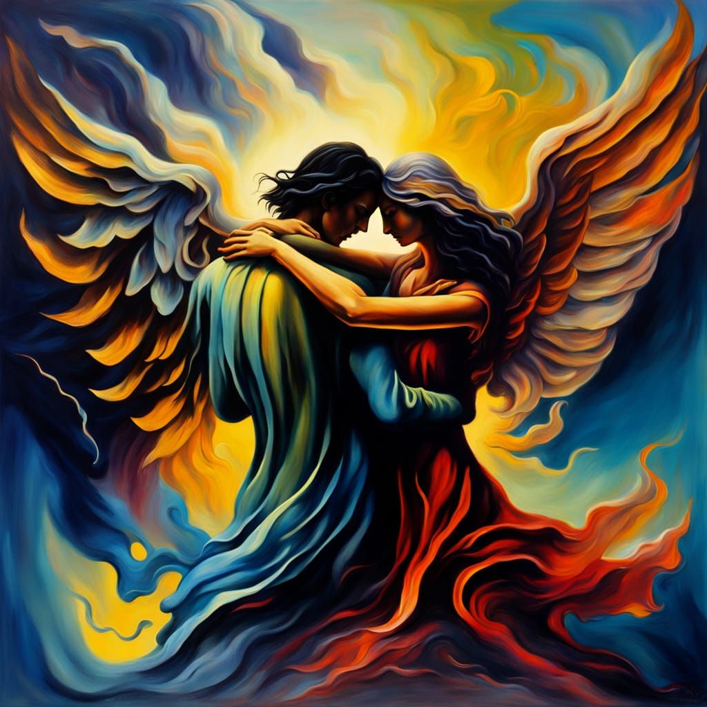 Angels and Demons Embrace: A Surrealist Oil Painting