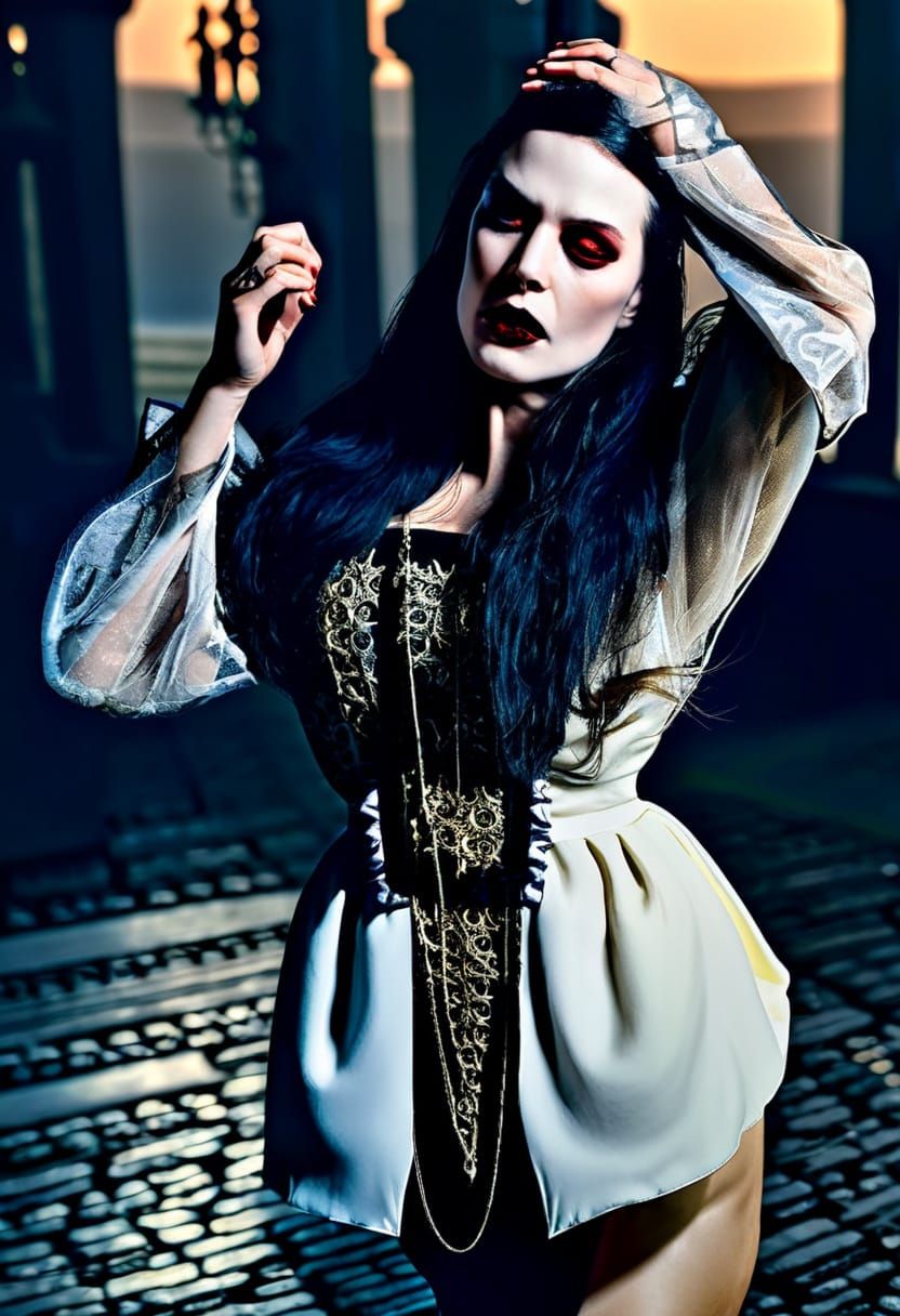 Female Vampire Bites Neck: Gothic Oil Painting