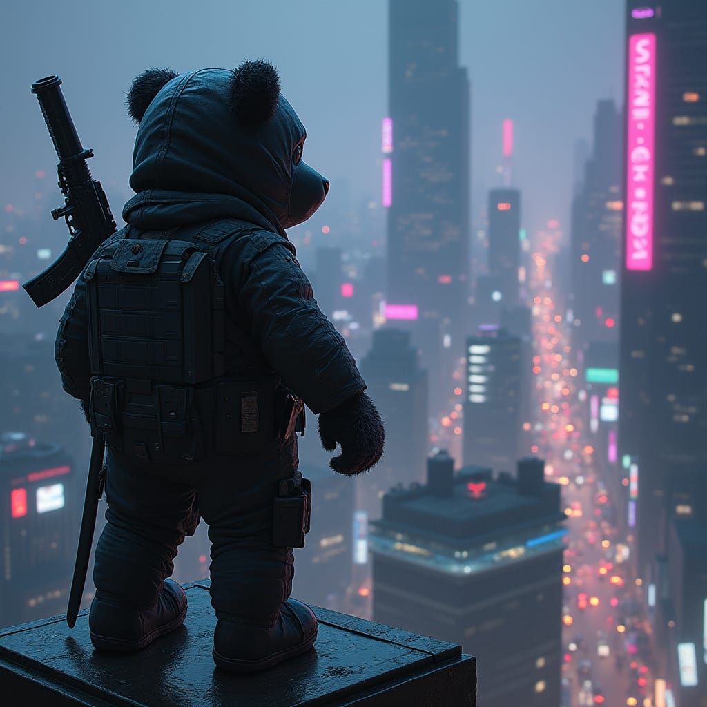 Cyberpunk Ninja Teddy Bear on Skyscraper