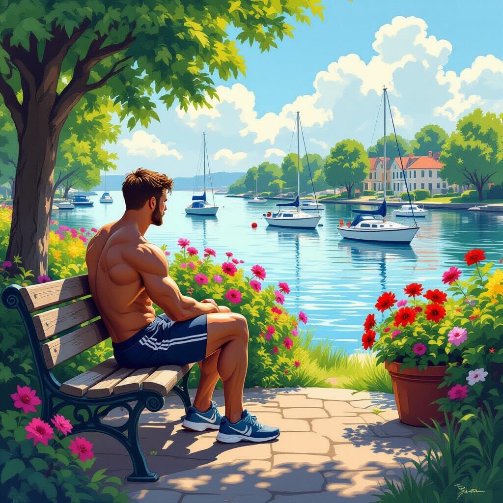 Man on Bench in Lush Park, Digital Painting
