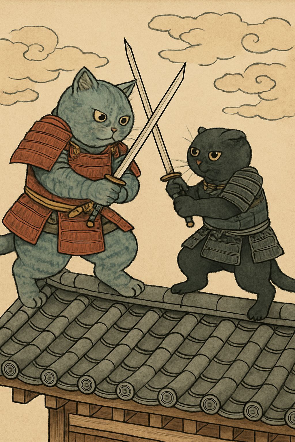 Samurai Cats Duel on Rooftop in Japanese Style