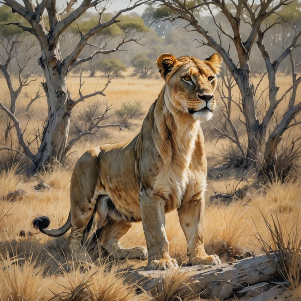 Lioness on Savanna in Watercolor Gouache Style
