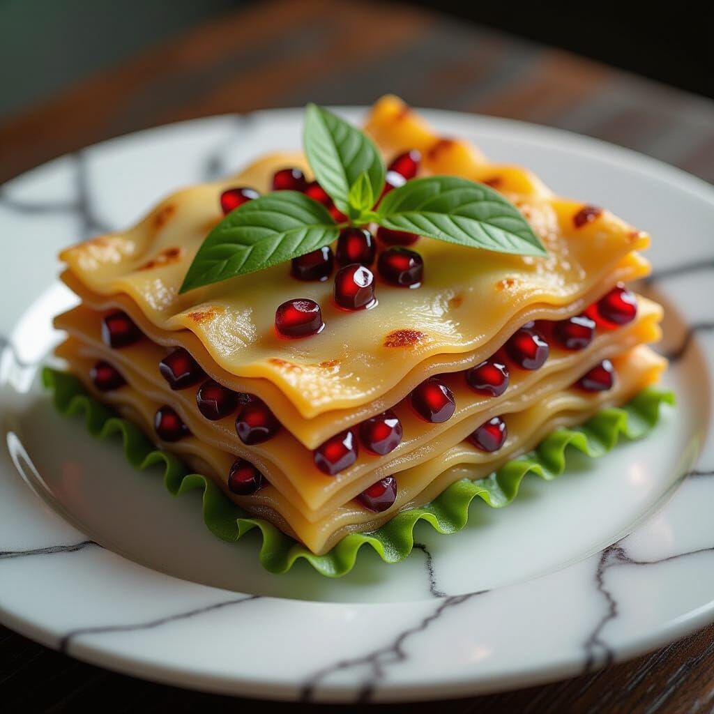 Hyperrealistic Lasagna with Marble and Pomegranate