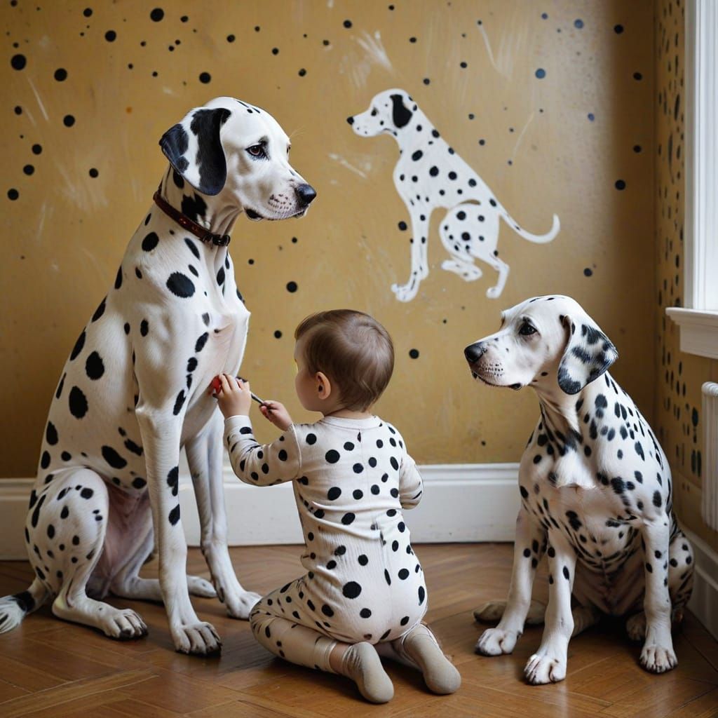 Child Paints Spots on Dalmatian in Polka Dot Room