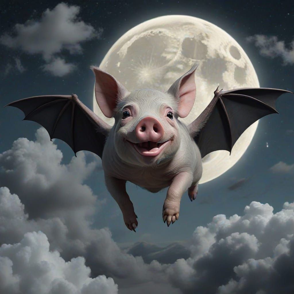 Whimsical Bat-Pig Soars Under Spooky Full Moon