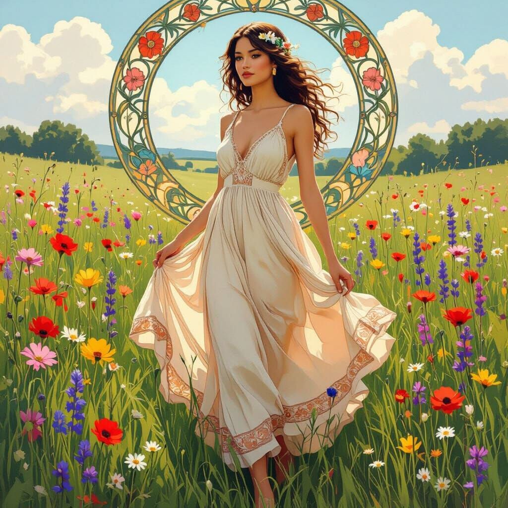 Zoe in Wildflower Meadow, Alphonse Mucha Style