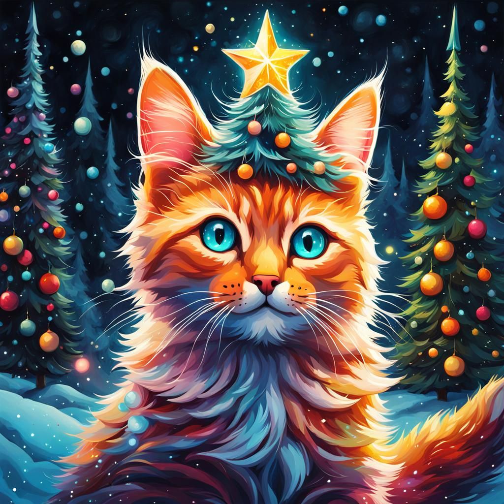 Celestial Christmas Tree Cat in Forest, Graffiti Art