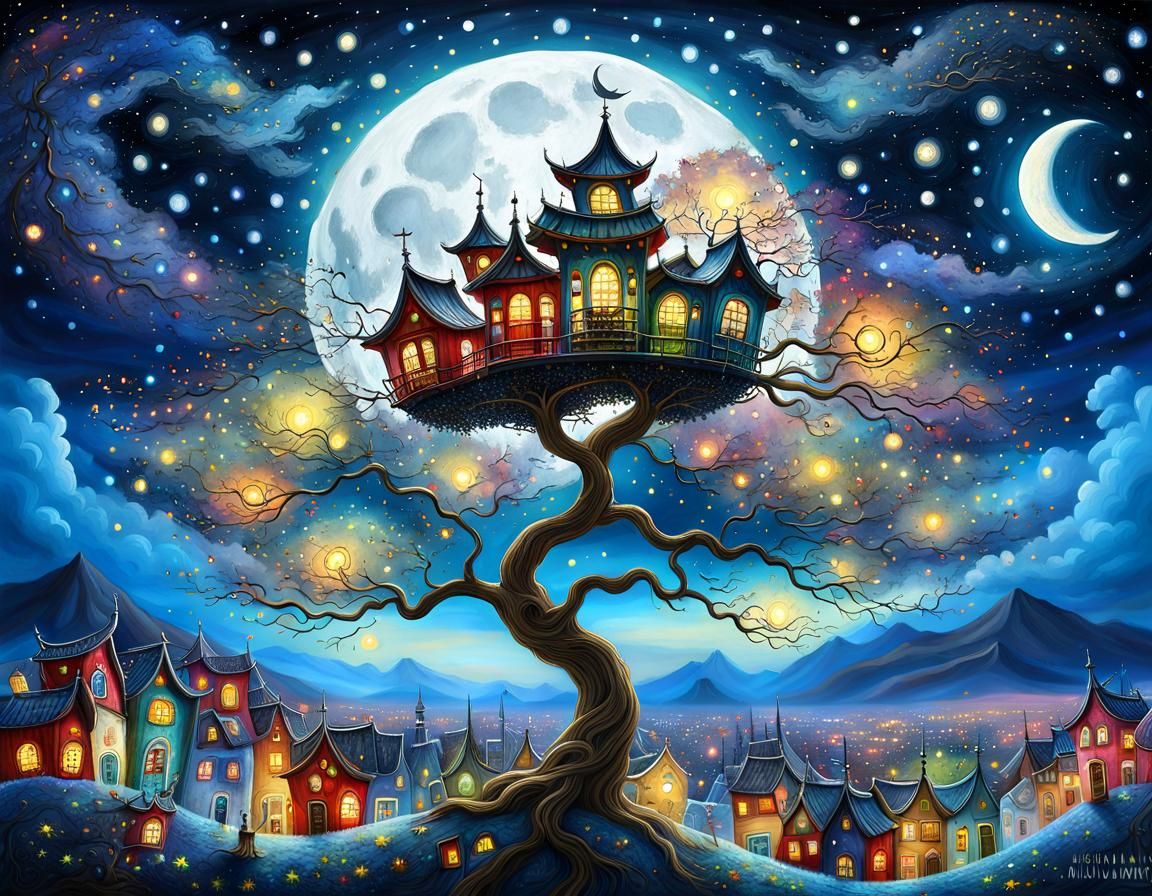 Dreamscape village night sky