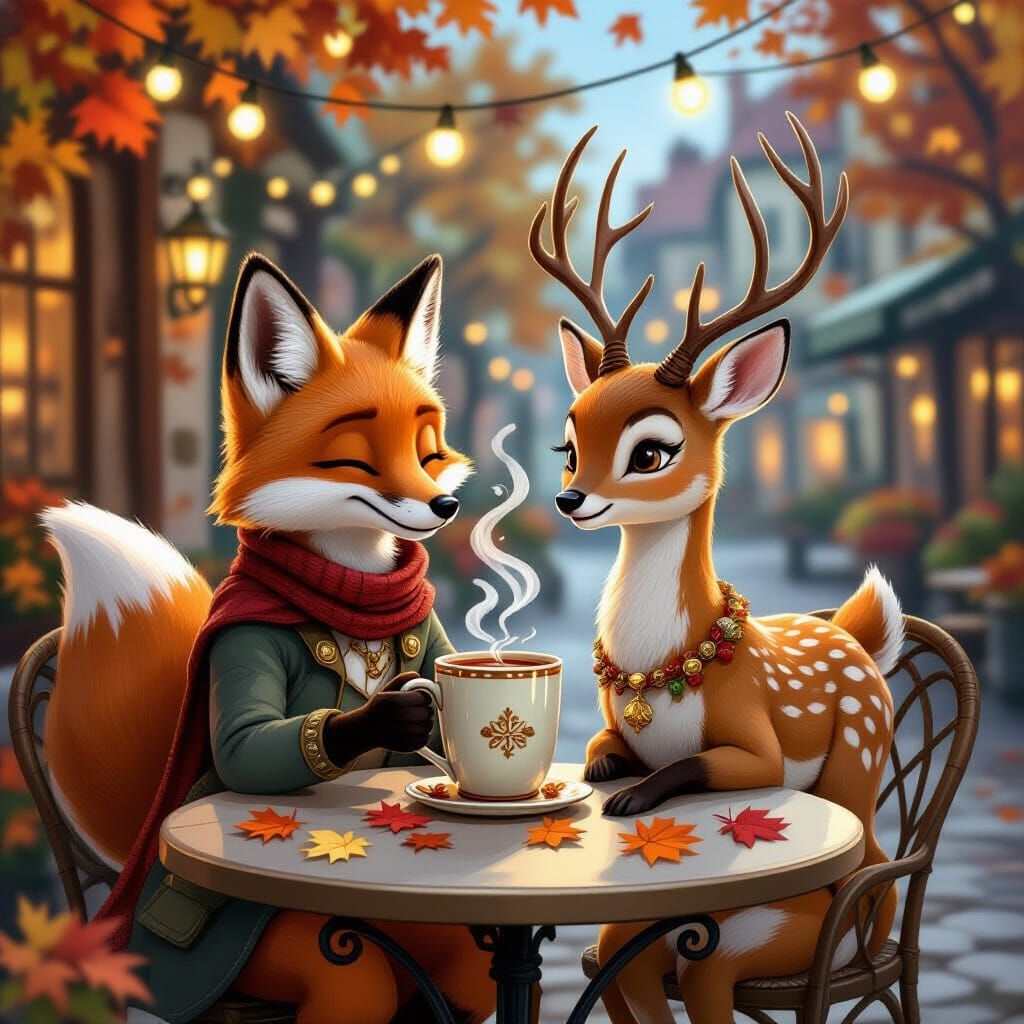 Fox and Deer Autumn Cafe Steampunk Illustration