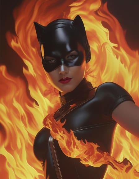 Catwoman Silhouette in Flames: Oil Painting Portrait