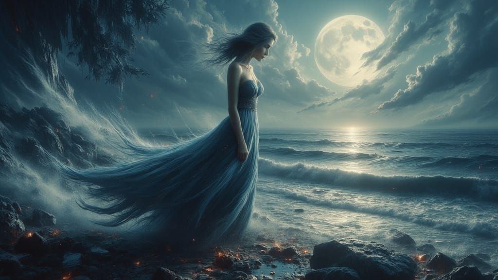 Woman in Ethereal Evening Gown, Lost in Moonlit Sea