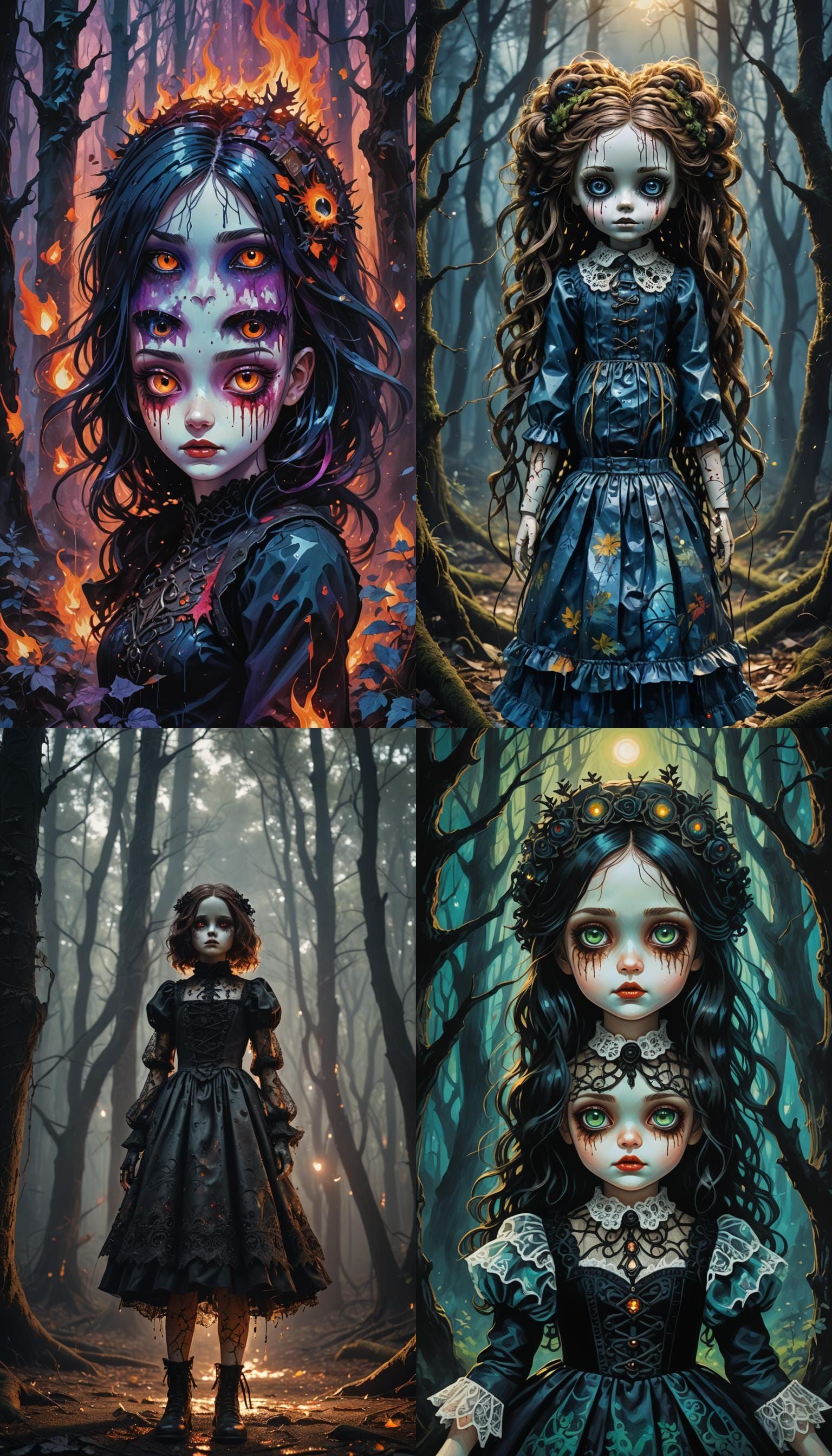 Doll with Fiery Eyes in Gothic Forest
